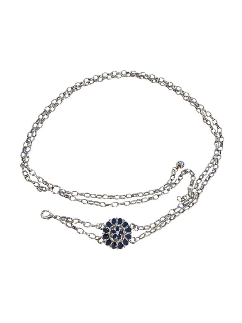 Y2K-Inspired Silver Chain Belt W/ Black Enamel Flower Detail Adjustable Fit Wome